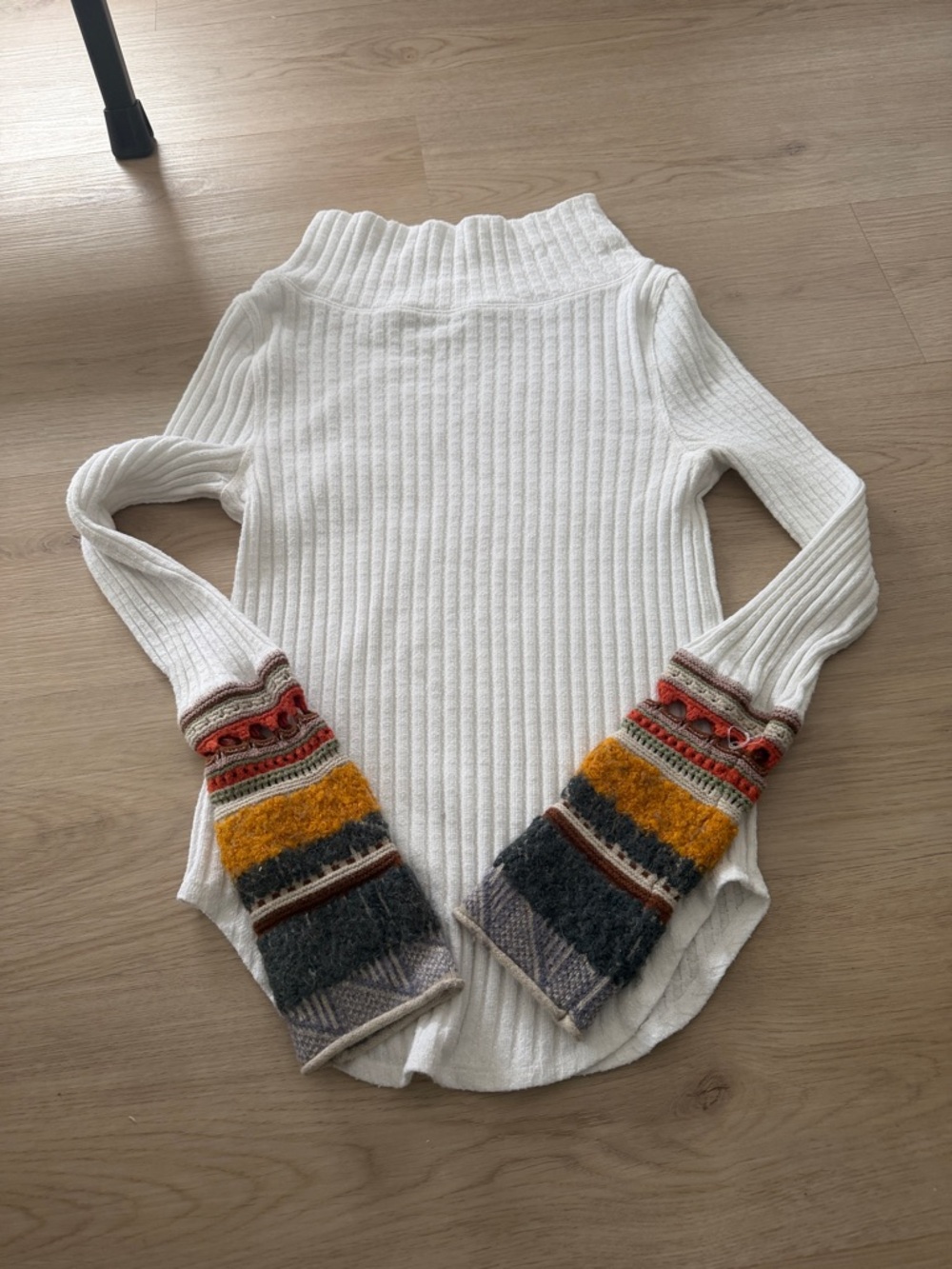 Free People White Ribbed Turtleneck Sweater with Multicolor Patterned Cuffs